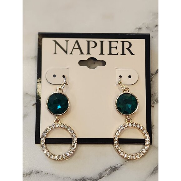 Napier Gold-Tone Drop Earrings With Green Crystal & Rhinestone Circle Design - Picture 1 of 5